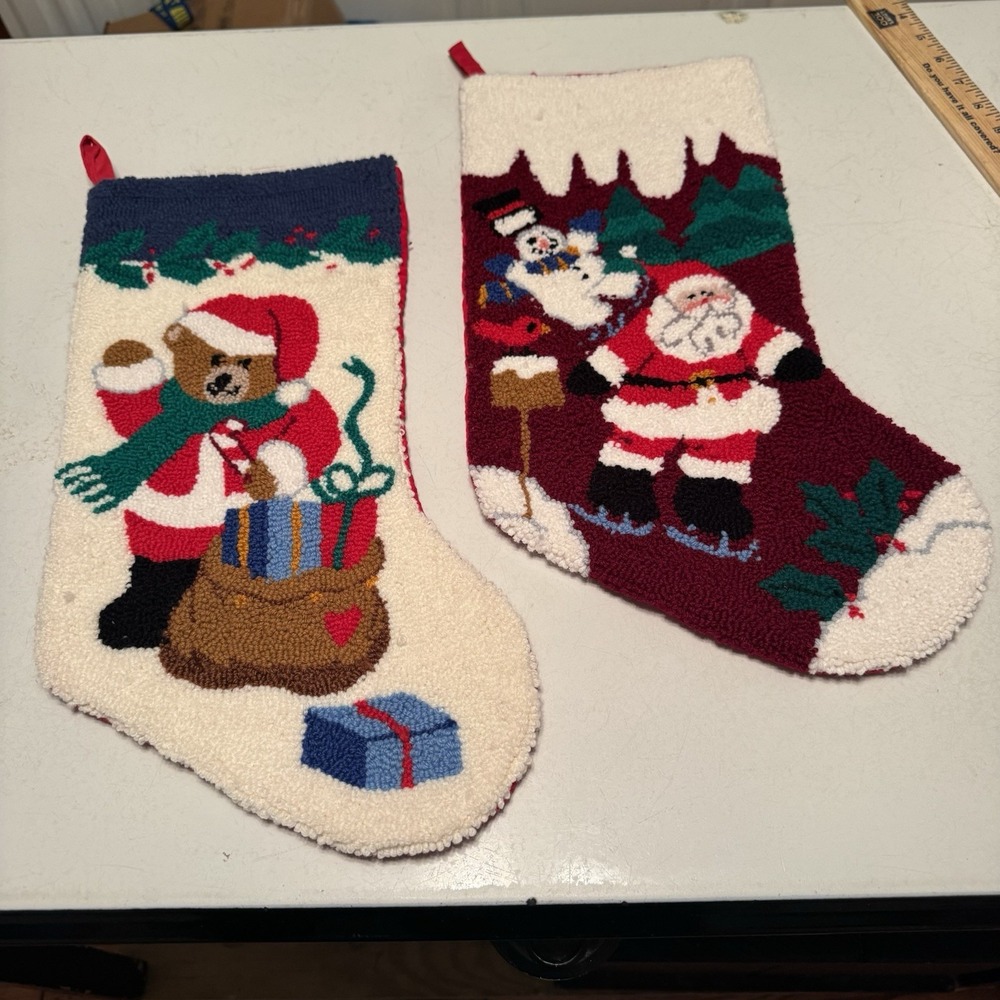 Vintage Needlepoint Christmas Stocking Santa Presents‎ Teddy Bear Red  Lot 2